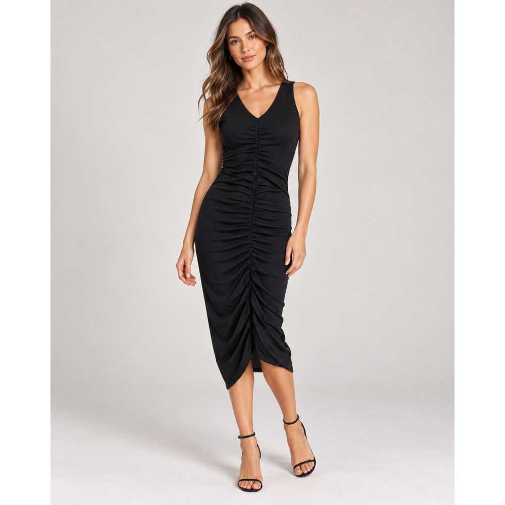 Michael Stars V-Neck Midi Dress with Ruching NEW XS Black Bodycon Sleeveless